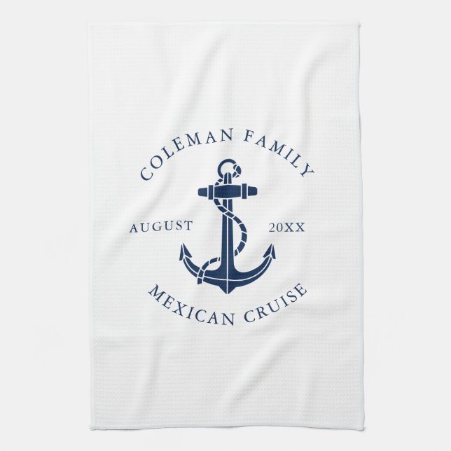Nautical Navy Blue Boat Anchor Custom Tea Towel (Vertical)
