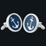 Nautical Navy Blue Boat Anchor Wedding Cufflinks<br><div class="desc">Nautical style men's cufflink design features a white boat anchor with a navy blue background.</div>