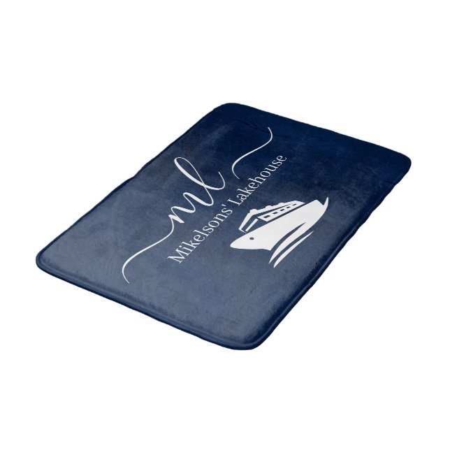 Nautical navy blue boat monogram bath mat (Angled)