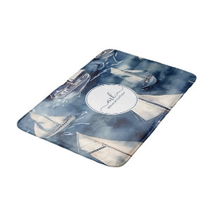 Nautical navy blue boat monogram bath mat