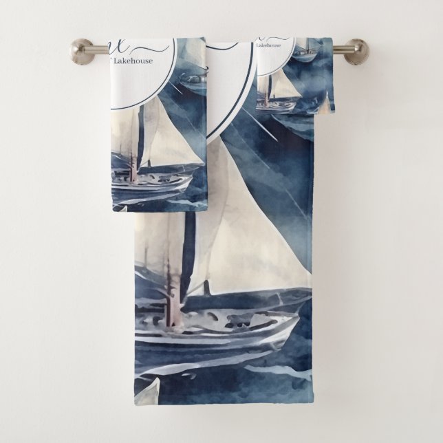 Nautical navy blue boat monogram bath towel set (Insitu)