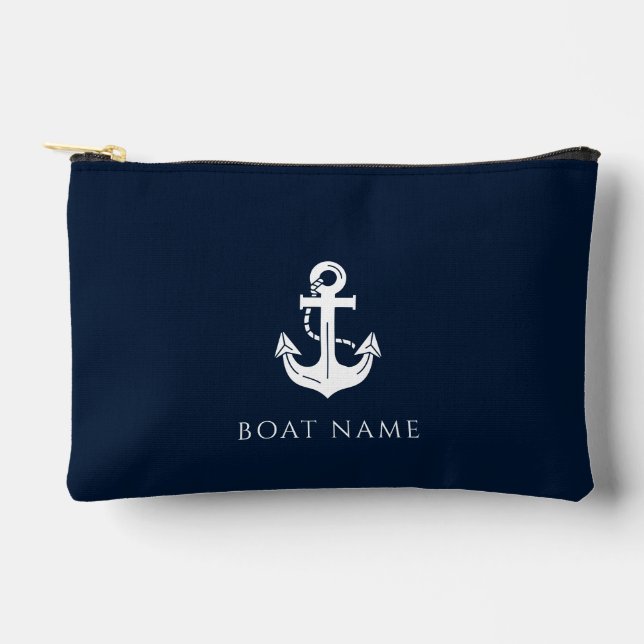 Nautical Navy Blue Boat Name Anchor Accessory Pouch (Front)