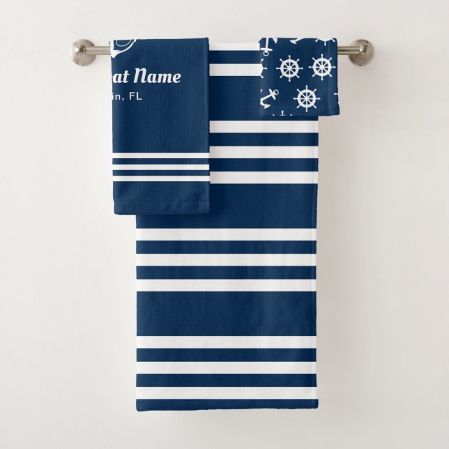 Nautical Navy Blue Boat Name Anchor Bath Towel Set (Insitu)
