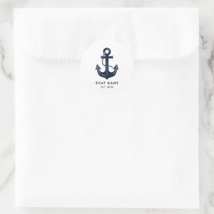 Nautical Navy Blue Boat Name Anchor Classic Round Sticker