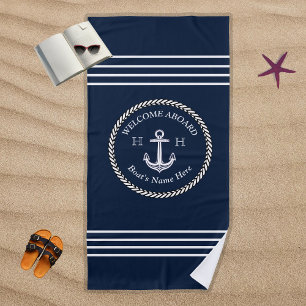 Nautical Navy Blue Boat Name Anchor Rope  Beach Towel