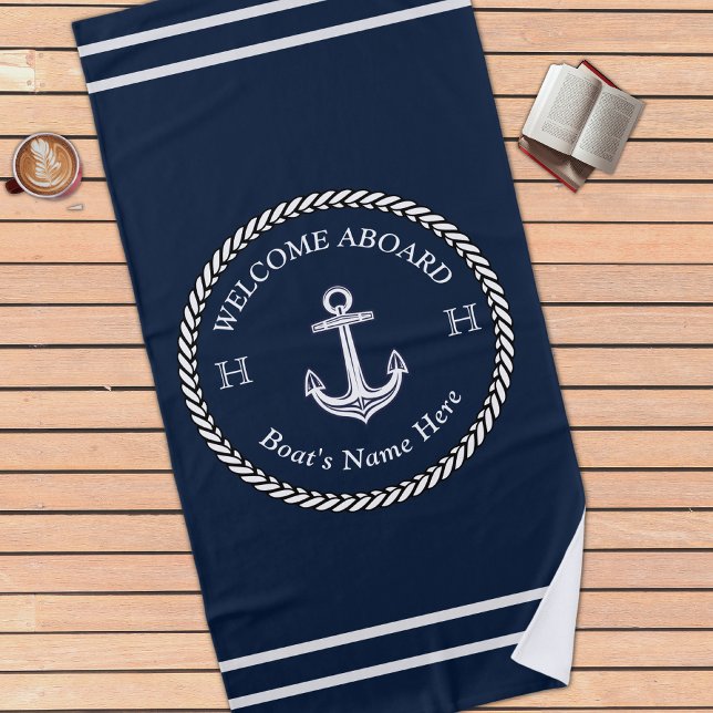Nautical Navy Blue Boat Name Anchor Rope Beach Towel (Creator Uploaded)