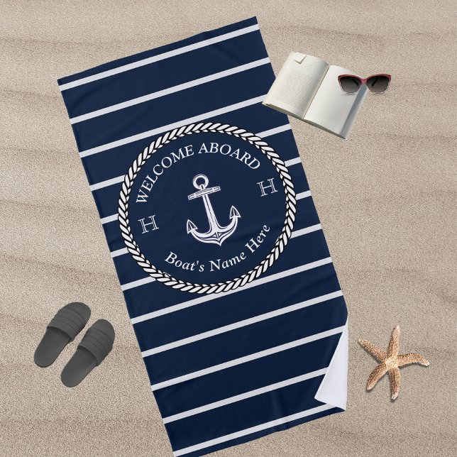 Nautical Navy Blue Boat Name Anchor Rope Striped Beach Towel (Creator Uploaded)