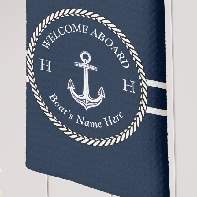 Nautical Navy Blue Boat Name Anchor Rope Tea Towel (Creator Uploaded)