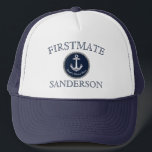 Nautical Navy Blue Boat Name Anchor Rope Trucker H Hat<br><div class="desc">Firstmate Name: Nautical Boat Name Anchor Rope Welcome Aboard Navy Blue hat</div>