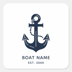 Nautical Navy Blue Boat Name Anchor Square Sticker