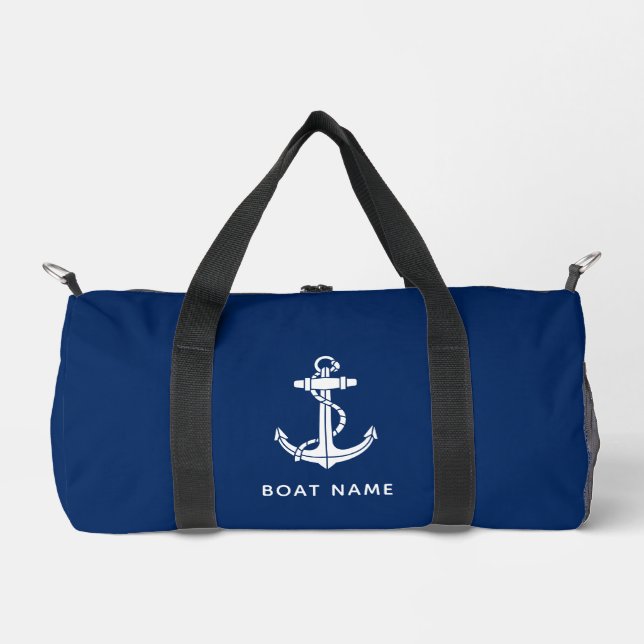Nautical Navy Blue Boat Name Custom Duffle Bag (Front)