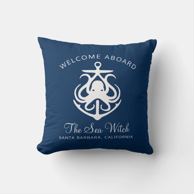 Nautical Navy Blue Boat Name Throw Pillow (Front)