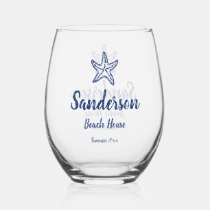 Nautical Navy Blue Coastal Starfish beach house Stemless Wine Glass