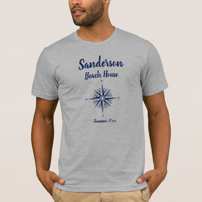 Nautical Navy Blue Compass Coastal beach house T-Shirt (Front)