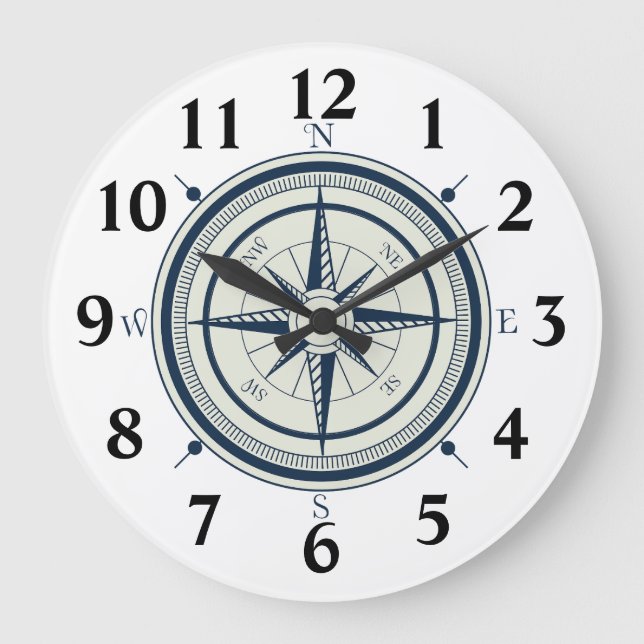 Nautical Navy Blue Compass Large Clock (Front)