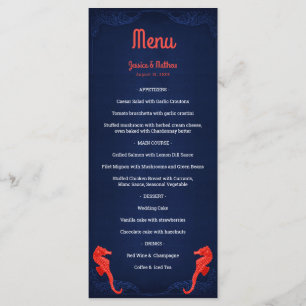 Nautical Navy Blue Coral Seahorses Beach Wedding Menu