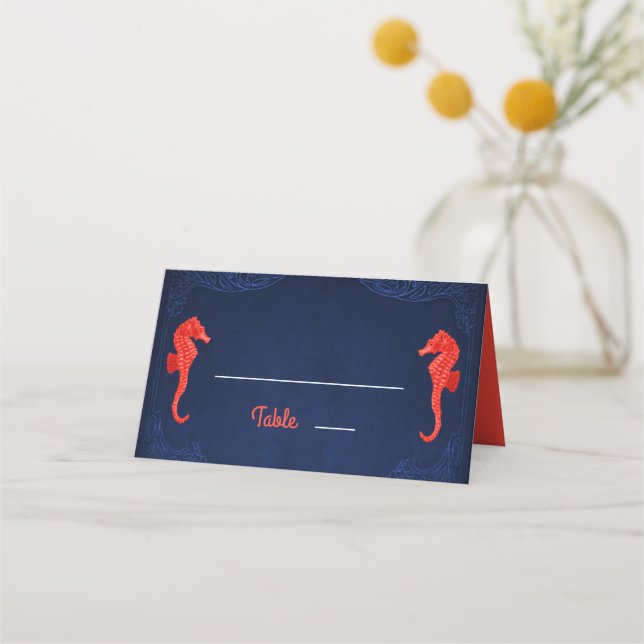 Nautical Navy Blue Coral Seahorses Beach Wedding Place Card (Front)
