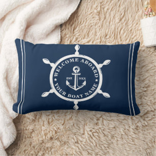 Nautical Navy Blue Custom Boat Name Anchor Lumbar Cushion