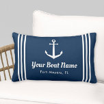 Nautical Navy Blue Custom Boat Name Anchor Lumbar Cushion<br><div class="desc">Nautical lumbar throw pillow in a horizontal format features an elegant boat anchor with preppy horizontal stripes. Personalise the custom text with your boat name and location. Design includes a classic coastal navy blue and white colour scheme.</div>