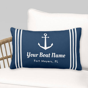 Nautical Navy Blue Custom Boat Name Anchor Lumbar Cushion