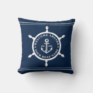 Nautical Navy Blue Custom Boat Name Anchor Pillow