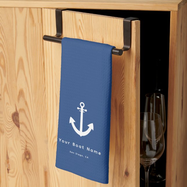 Nautical Navy Blue Custom Boat Name Anchor Tea Towel (Thirds Fold)