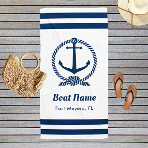 Nautical Navy Blue Custom Boat Name Beach Towel