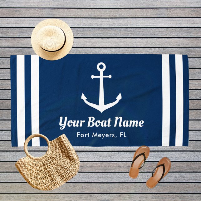 Nautical Navy Blue Custom Boat Name Beach Towel (Creator Uploaded)
