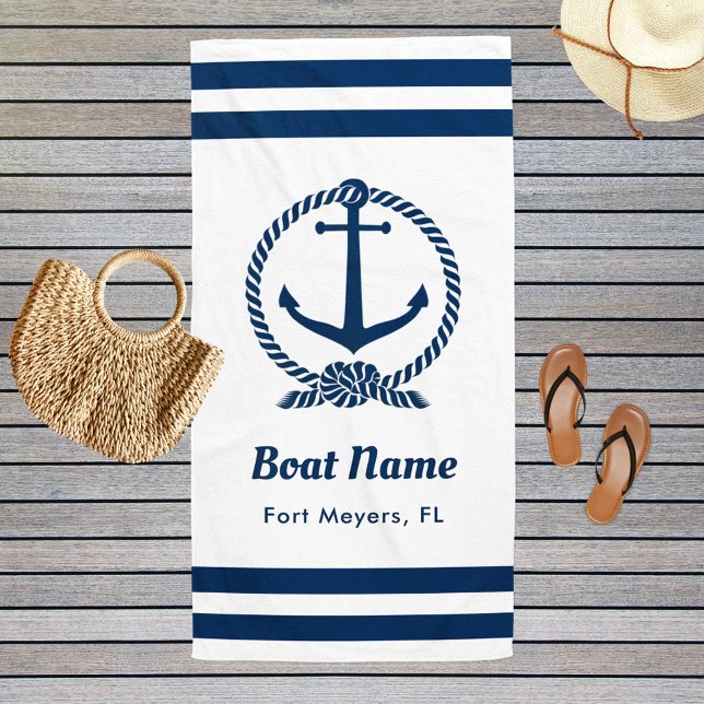 Nautical Navy Blue Custom Boat Name Beach Towel (Creator Uploaded)