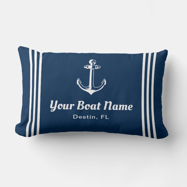 Nautical Navy Blue Custom Boat Name Lumbar Cushion (Front)