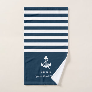 Nautical Navy Blue Custom Boat Name striped Hand Towel