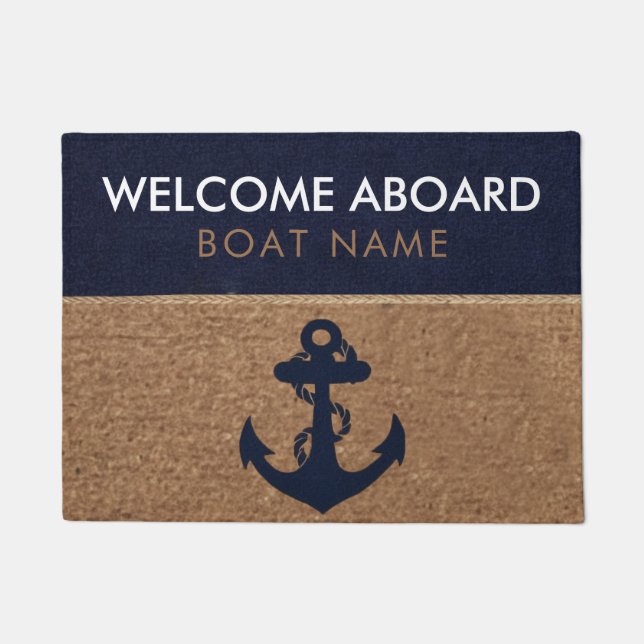 Nautical Navy Blue Custom Boat Name Welcome Aboard Doormat (Front)