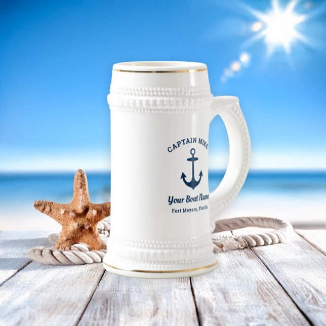 Nautical Navy Blue Custom Captain Boat Name Beer Stein (Creator Uploaded)