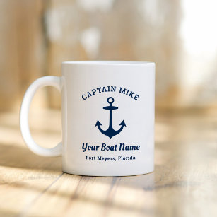 Nautical Navy Blue Custom Captain Boat Name Coffee Mug