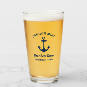 Nautical Navy Blue Custom Captain Boat Name Glass