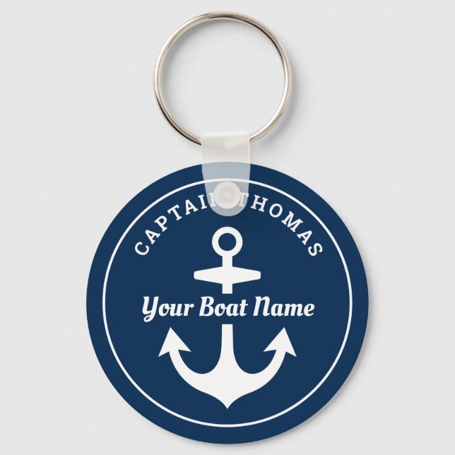 Nautical Navy Blue Custom Captain Boat Name Key Ring (Front)