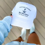 Nautical Navy Blue Custom Captain Boat Name Trucker Hat<br><div class="desc">Custom nautical boating hat design features a simple,  stylish navy blue coastal style design with boat anchor accent. Personalise the custom text with the name of the boat,  boat owner or captain,  location,  or other preferred wording. Navy blue colour can be modified.</div>