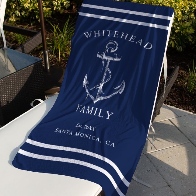 Nautical Navy Blue Custom Family Anchor Beach Towel (Nautical anchor custom family vacation towel. Personalize each towel with your details.)