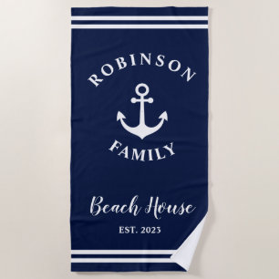 Nautical Navy Blue Custom Family Beach House Towel