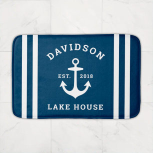 Nautical Navy Blue Custom Family Lake House Anchor Bath Mat