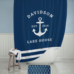 Nautical Navy Blue Custom Family Lake House Anchor Shower Curtain