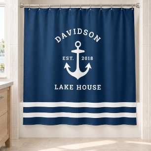 Nautical Navy Blue Custom Family Lake House Anchor Shower Curtain