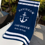 Nautical Navy Blue Custom Family Lake House Beach Towel<br><div class="desc">Nautical beach towel features a coastal style boat anchor and stripes design. Personalise the custom text with a family last name   lake house (or other title) with the year established and location. Classic navy blue and white colour scheme.</div>