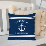 Nautical Navy Blue Custom Family Lake House Cushion<br><div class="desc">Nautical fleece "Lake House" throw pillow features a coastal style boat anchor and stripes design. Personalise the custom text with a family last name   lake house (or other title) with the year established. Classic navy blue and white colour scheme. Indoor and outdoor pillow fabrics available.</div>
