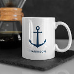 Nautical Navy Blue Custom Name Boat Anchor Coffee Mug<br><div class="desc">Nautical custom coffee mug features an elegant coastal style boat anchor with simple modern text that can be personalised with a first or last name - or other preferred text. Classic navy blue and white colour scheme.</div>
