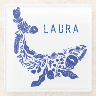 Nautical Navy Blue Cute Whale Floral Custom Name Glass Coaster