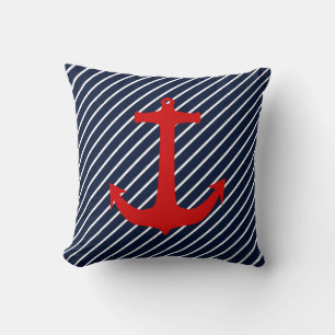 Nautical Navy Blue Diagonal Stripe Red Anchor Cushion