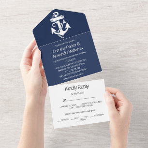 Nautical Navy Blue Elegant Modern Ocean Wedding All In One Invitation