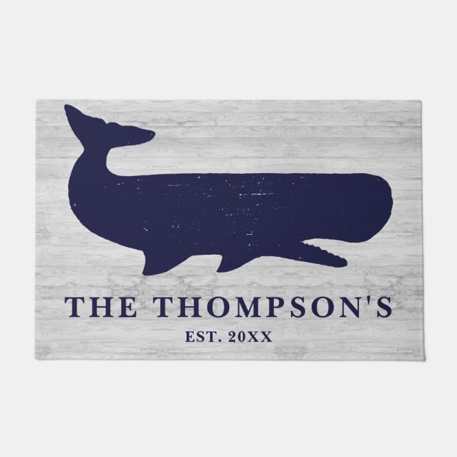 Nautical Navy Blue Family Name Whale Vacation Home Doormat (Front)