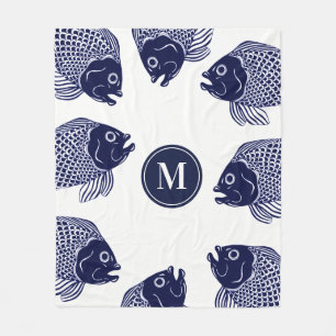 Nautical Navy Blue Fish Head Personalised Fleece Blanket